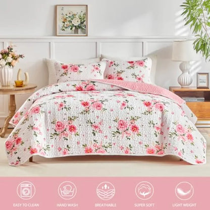 Floral Quilt Set 3 Pieces Queen Size White Pink Flower Soft Microfiber Lightweight Summer Reversible Coverlet Bedspread for All