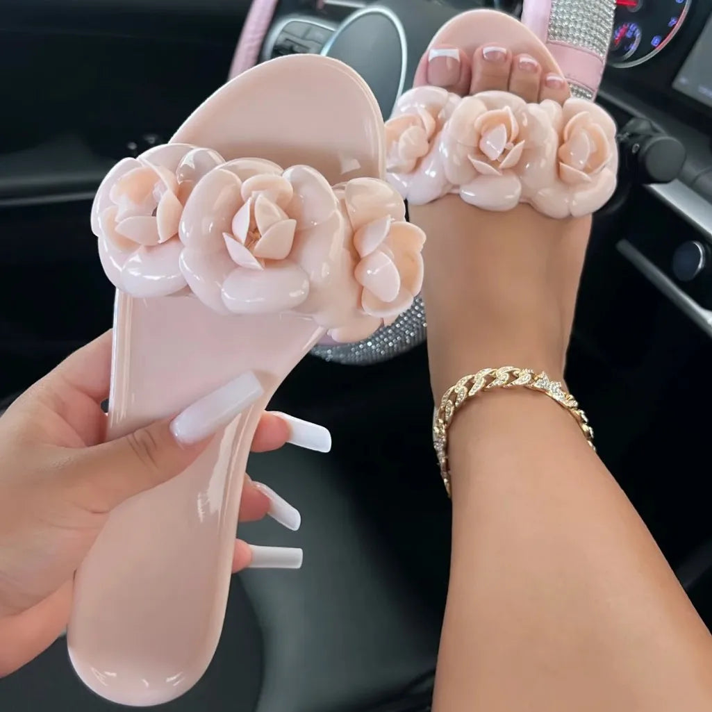 2025 New Women Spring/Summer Collection Jelly Color One Word Shoes Beach Daily Shopping Home Essential Casual Slippers