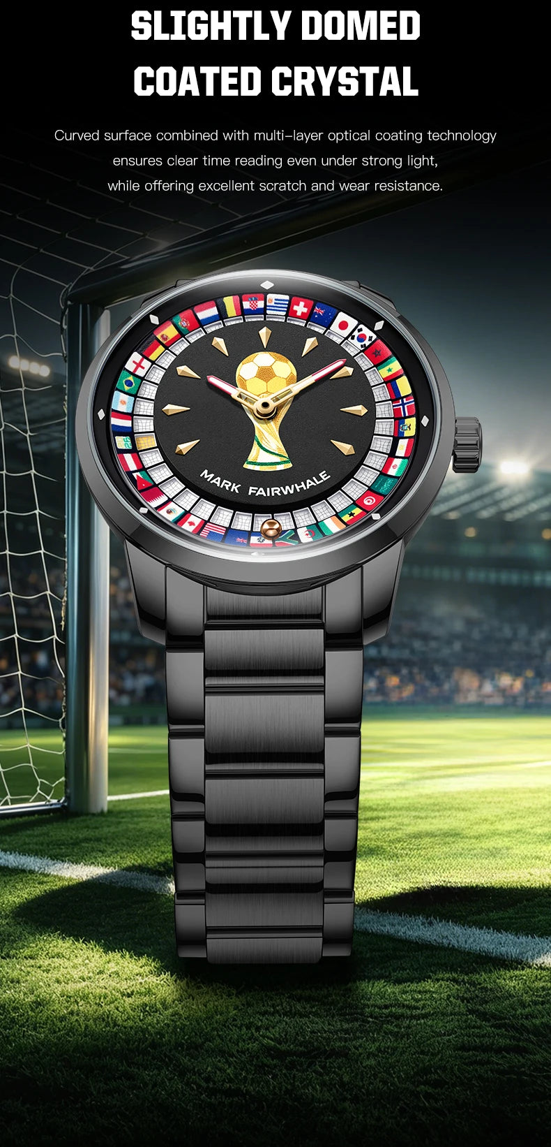 MARK FAIRWHALE 5087 Famous Football Sports Quartz Watch 360 ° Rotating Flag Dial Stainless Steel Strap Waterproof Watch for Man
