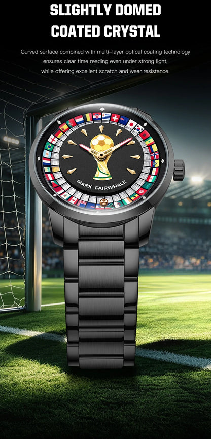 MARK FAIRWHALE 5087 Famous Football Sports Quartz Watch 360 ° Rotating Flag Dial Stainless Steel Strap Waterproof Watch for Man