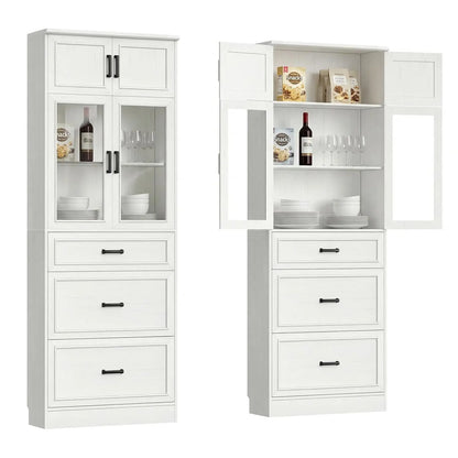 80" Tall Kitchen Pantry Storage Cabinet with Glass Doors, Adjustable Shelves & 3 Drawers, Versatile Tall Storage, Custom