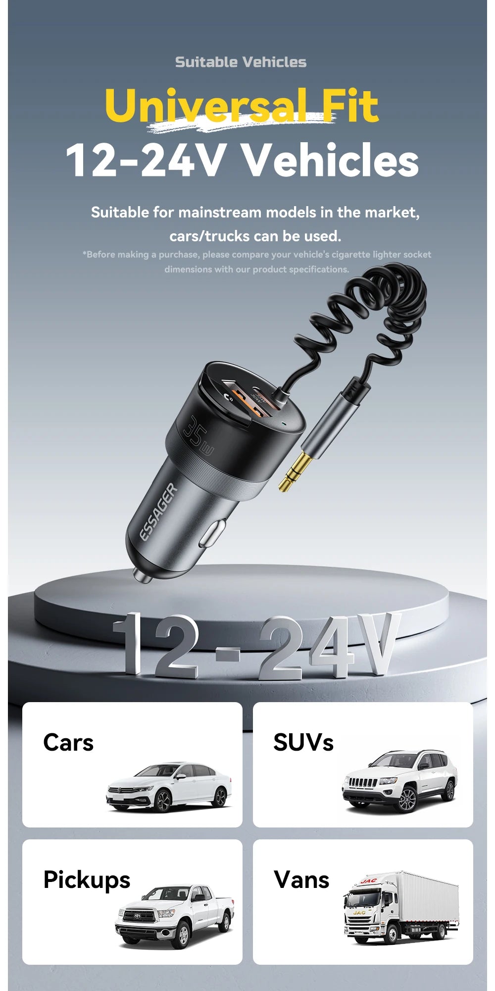 Essager Bluetooth 5.3 Car Charger 3.5mm Jack AUX Cable 35W Fast Charging for iPhone16 15 Huawei Samsung Bluetooth Car Chargers