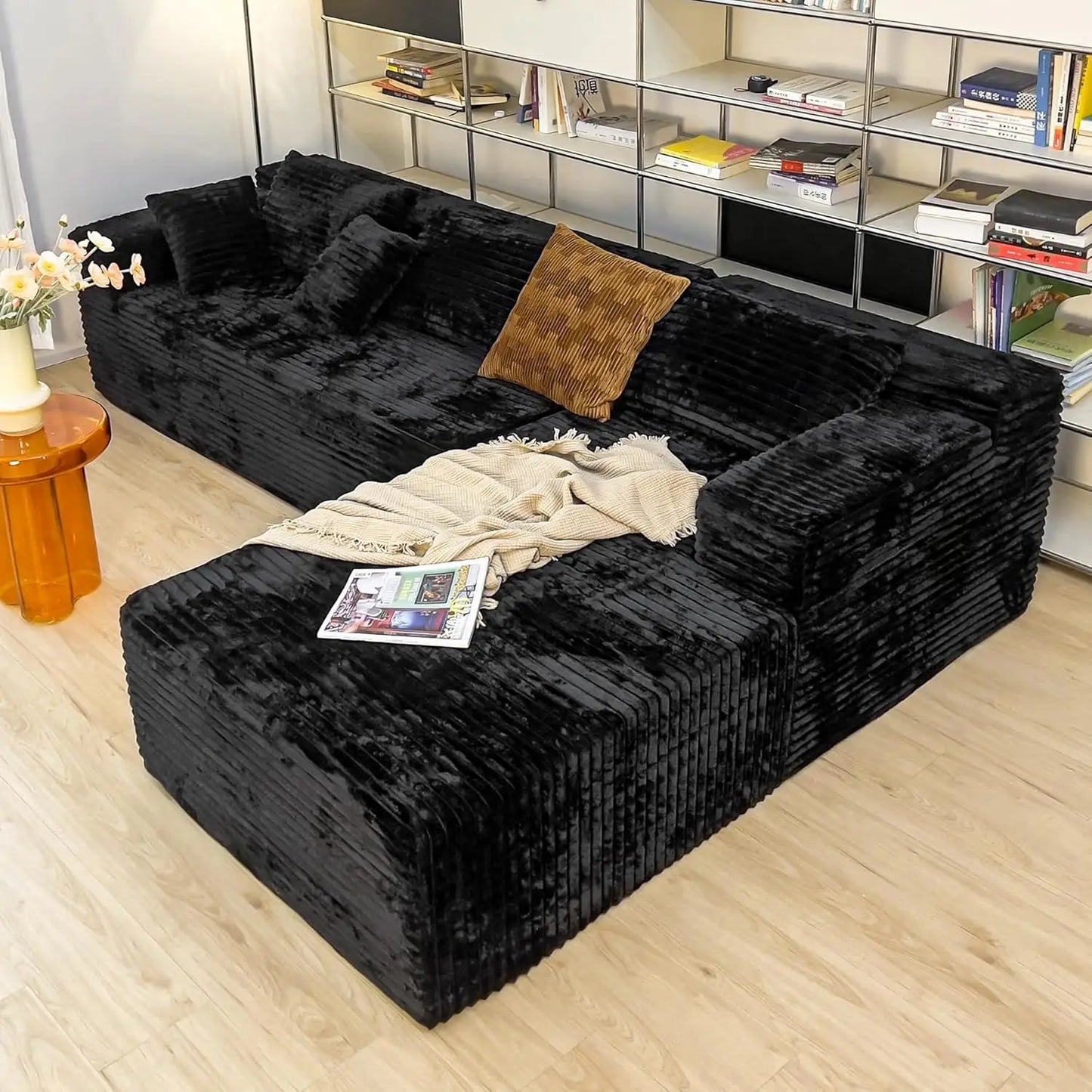 104" L-Shape Corduroy Sectional Sofa Deep Seat Chaise Living Room No Assembly Required, Custom