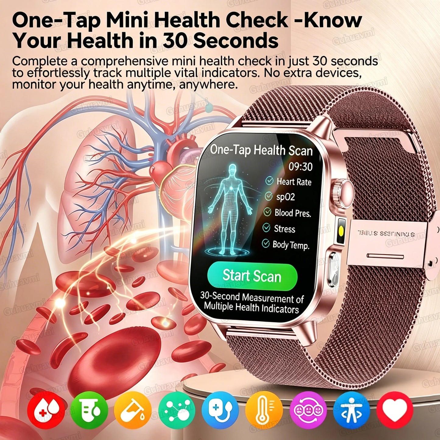 New Professional Health Watch Blood Pressure 2.01"AMOLED Screen Uric Acid Blood Lipids Flashlight Care Smart Watches for Women