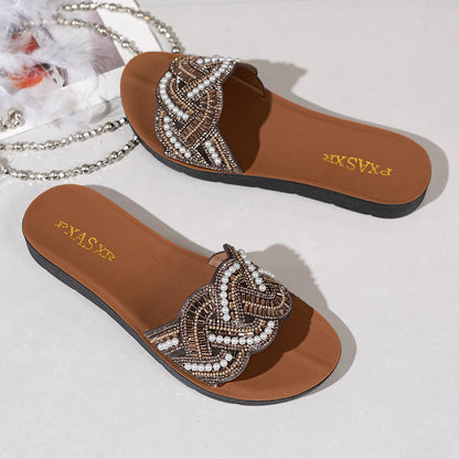 PXASXR Pearl Sandals for Women Fashionable Wear-Resistant Flat Bottom Slippers Comfortable Casual Beachwear Outdoor Slippers