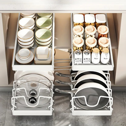 Pull-out Cookware Frying Pan Storage Rack with 8 Adjustable Dividers Pot Lid Holder Under Cabinet Kitchen Organizer