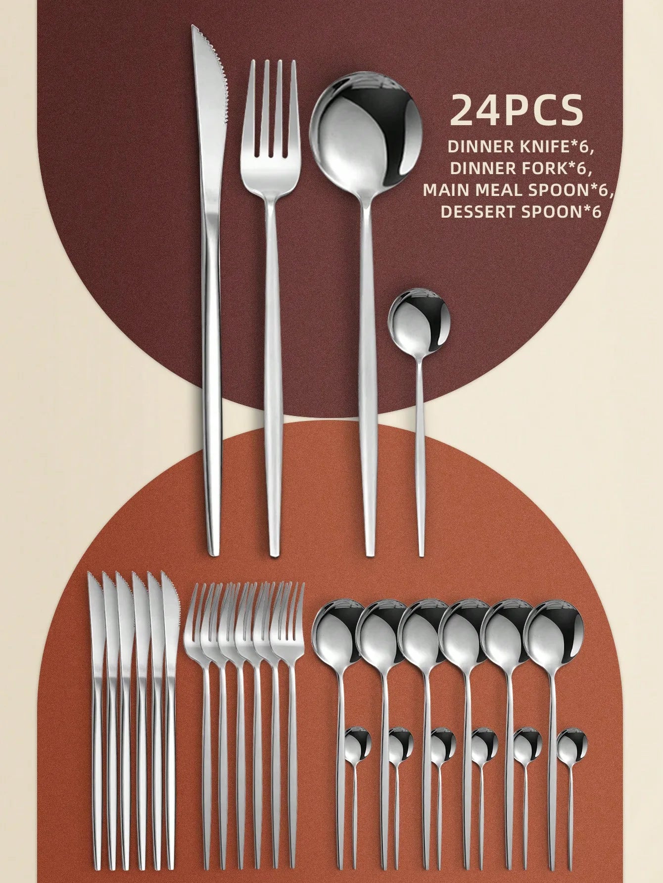 24pcs Stainless Steel Hotel Western Cutlery Set, Includes Knives, Forks, Spoons, And Tea Spoons,Kitchen,Christmas Gift