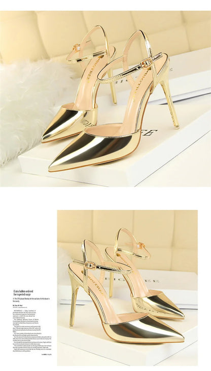 Women High Heels Sandals Metallic Gray Patent Leather Stripper Ankle Strap Wedding Nightclub Pointed Toe Party Valentine 86-1