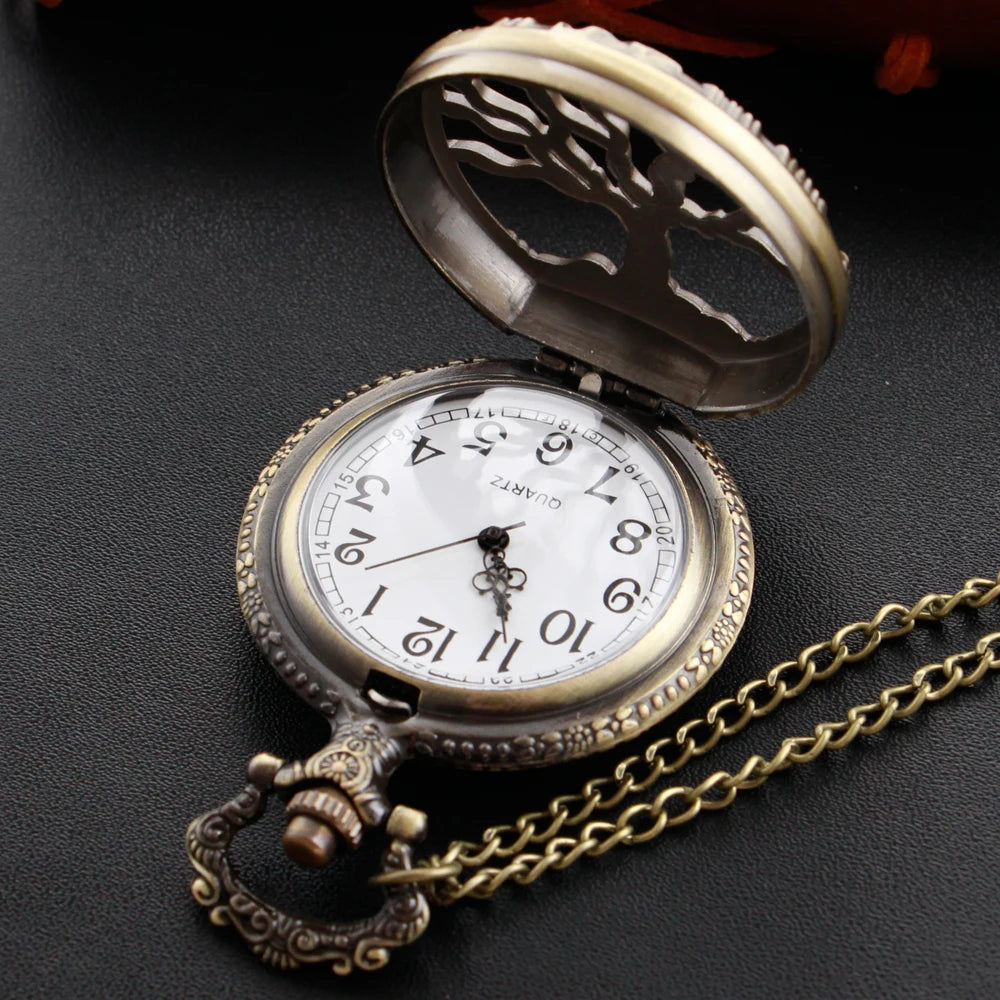 Steampunk Retro Bronze Hollow Tree of Life Quartz Pocket Watch With Fob Chain Women Watch Pendant Necklace Chain Men Gift CF1088