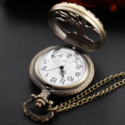 Steampunk Retro Bronze Hollow Tree of Life Quartz Pocket Watch With Fob Chain Women Watch Pendant Necklace Chain Men Gift CF1088