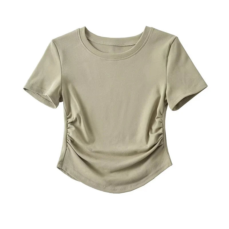 2024 Harajuku Women Crew Neck Short Sleeve Cotton Tee With Ruched Sides Detail T-shirts