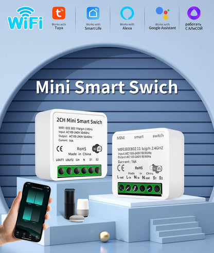 100-240V 16A Tuya Smart WiFi Switch Mini 1/2Gang Breaker Relay Smart Life App Remote Interruptor Google Home Alexa Voice Control
