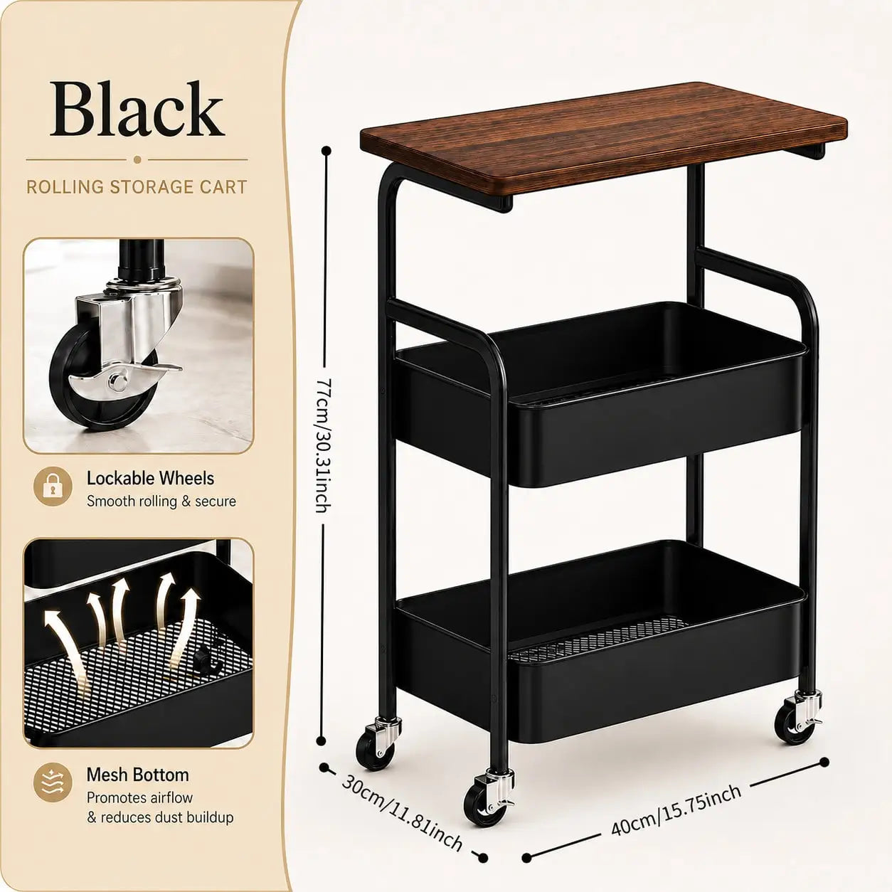 Multifunctional Three-Tier Rolling Cart, Multifunctional Storage Rack, Snack Rack, Portable Wheels, Suitable For Use In The Kitc