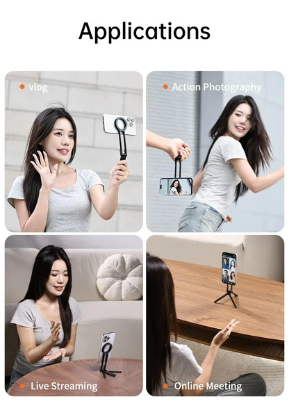 Portable Foldable Phone Tripod Carabiner-Mounted for Magsafe Phone Dual-sided Magnetic Phone Bracket for Live Streaming Selfie