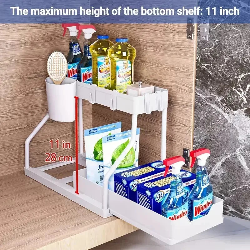 Double Layer Sliding Under Sink Storage Rack with Hanging Hooks Multifunctional Kitchen Bathroom Cabinet Organizer Rack
