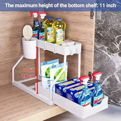 Double Layer Sliding Under Sink Storage Rack with Hanging Hooks Multifunctional Kitchen Bathroom Cabinet Organizer Rack