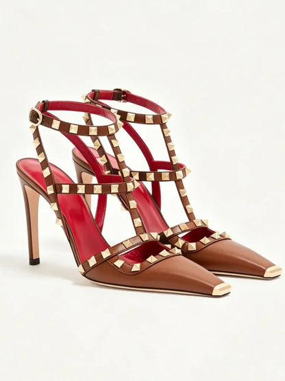 Summer Square Headed Rivet High-heeled Women's Sandals, Fashionable and Sexy Women's Party T-table Women's Plus Size Sandals