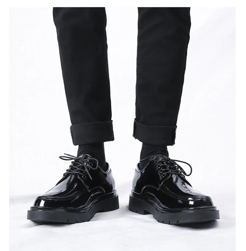 Mens Black Patent Leather Perforated Lace Up Chunky Platform Oxford Shoes Breathable Casual Business Formal Summer Dress Shoes