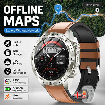 New Outdoor GPS Offline Map Smart Watch Men 3ATM Waterproof 170+ Sports LED Compass Altimeter AMOLED Bluetooth Call Smartwatch