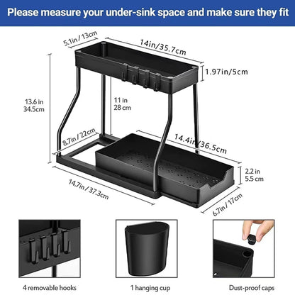 Double Layer Sliding Under Sink Storage Rack with Hanging Hooks Multifunctional Kitchen Bathroom Cabinet Organizer Rack
