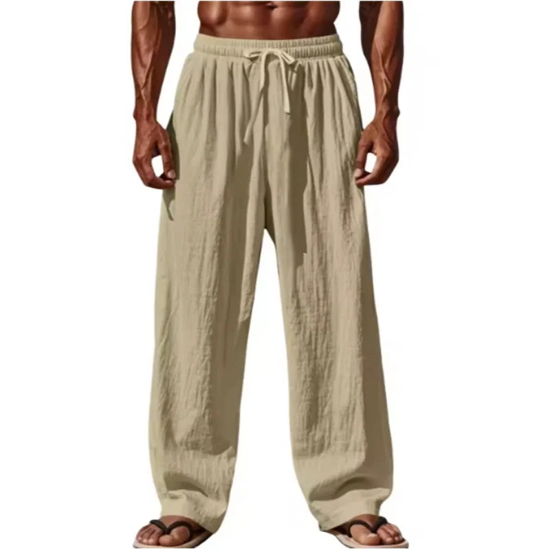 2026 New Men Cotton and Linen Casual Pants Simple and Comfortable Straight Leg Pants Waist Drawstring Plus Size Looser S-5XL ﻿