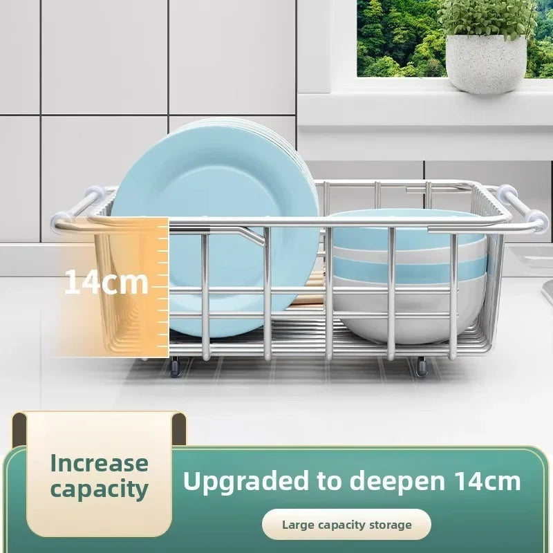 Telescopic Stainless Steel Sink Drain Basket Dishwashing Rack Kitchen Storage Organizer for Utensils and Dishes