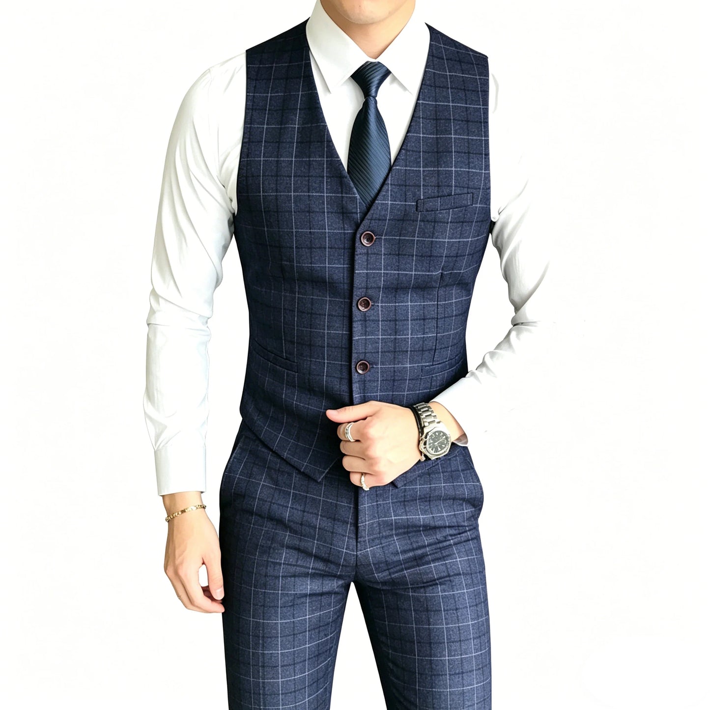 ( Vest + Pants ) 2Pce Set Mens Fashion Plaid Slim Casual Business Suit Vest Pants Groom Wedding Dress Formal Waist Coat Trousers
