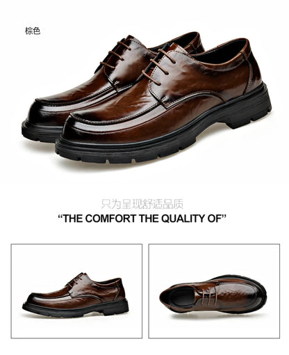 Mens Black Genuine Leather Wrinkled Lace Up Chunky Sole Formal Business Oxfords Casual Daily Wear Dress Shoes Stylish And Simple
