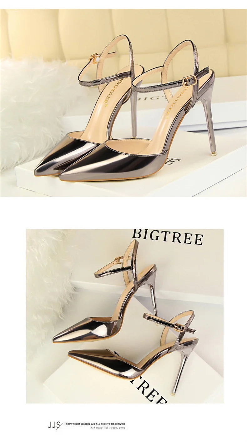 Women High Heels Sandals Metallic Gray Patent Leather Stripper Ankle Strap Wedding Nightclub Pointed Toe Party Valentine 86-1