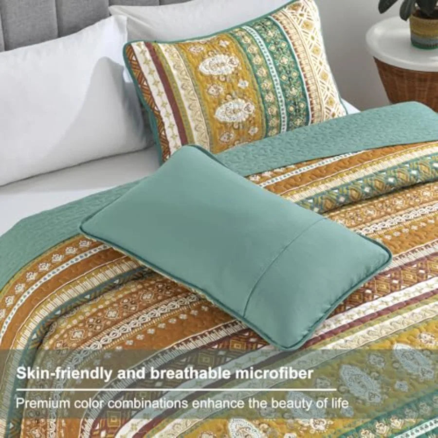 Boho Quilt Size Colorful Bohemian Bedspread Size Set with 2 Pillow Shams Lightweight Summer Soft Microfiber Western Bedding Set