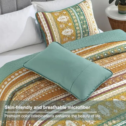 Boho Quilt Size Colorful Bohemian Bedspread Size Set with 2 Pillow Shams Lightweight Summer Soft Microfiber Western Bedding Set