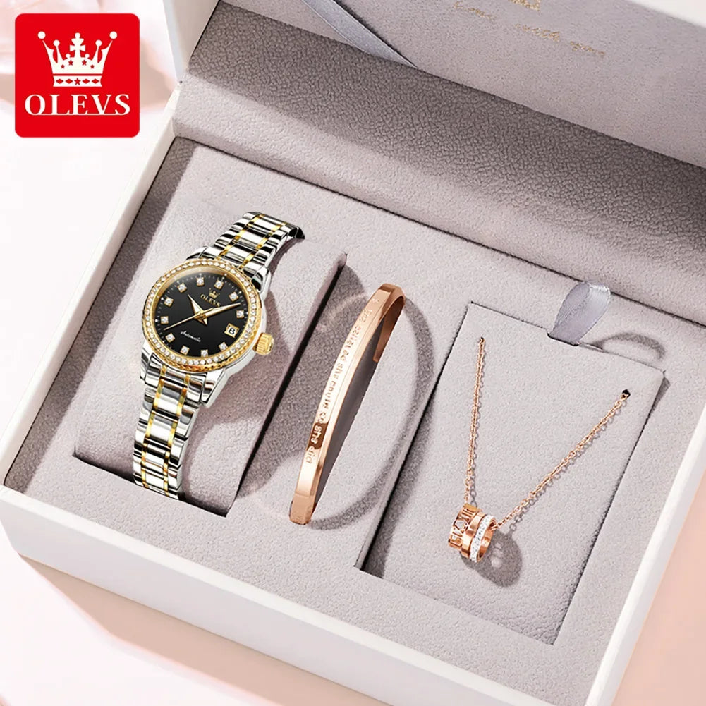 OLEVS 7003 Women Automatic Watch Waterproof Luminous Calendar Mechanical Ladies Wristwatch Steel Strap Luxury Watch Women