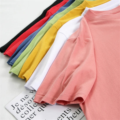 Women Cotton T-Shirt Summer Oversized Solid Tees Candy Color Loose Tops