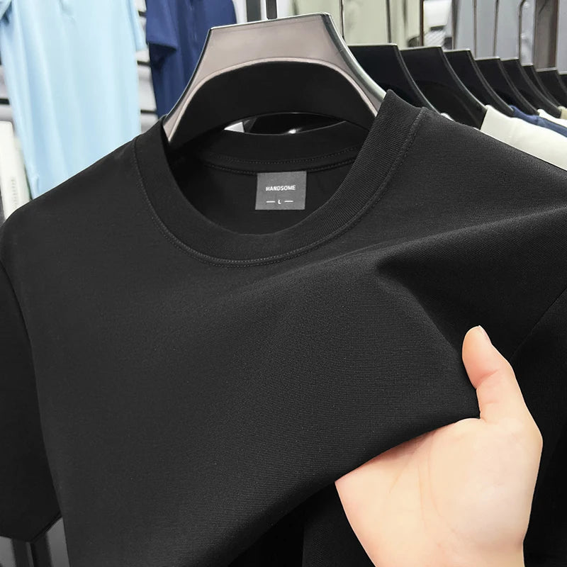 High quality luxury short sleeve T-shirt summer breathable cool silk cotton fashion solid color round neck top casual men's wear