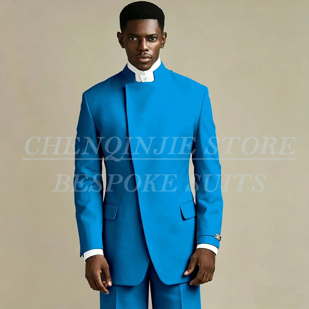 Elegant Black Men's Suits 2 Piece Jacket Pants Outfits Formal Single Breasted Stand Lapel Skinny Clothing Costume Homme