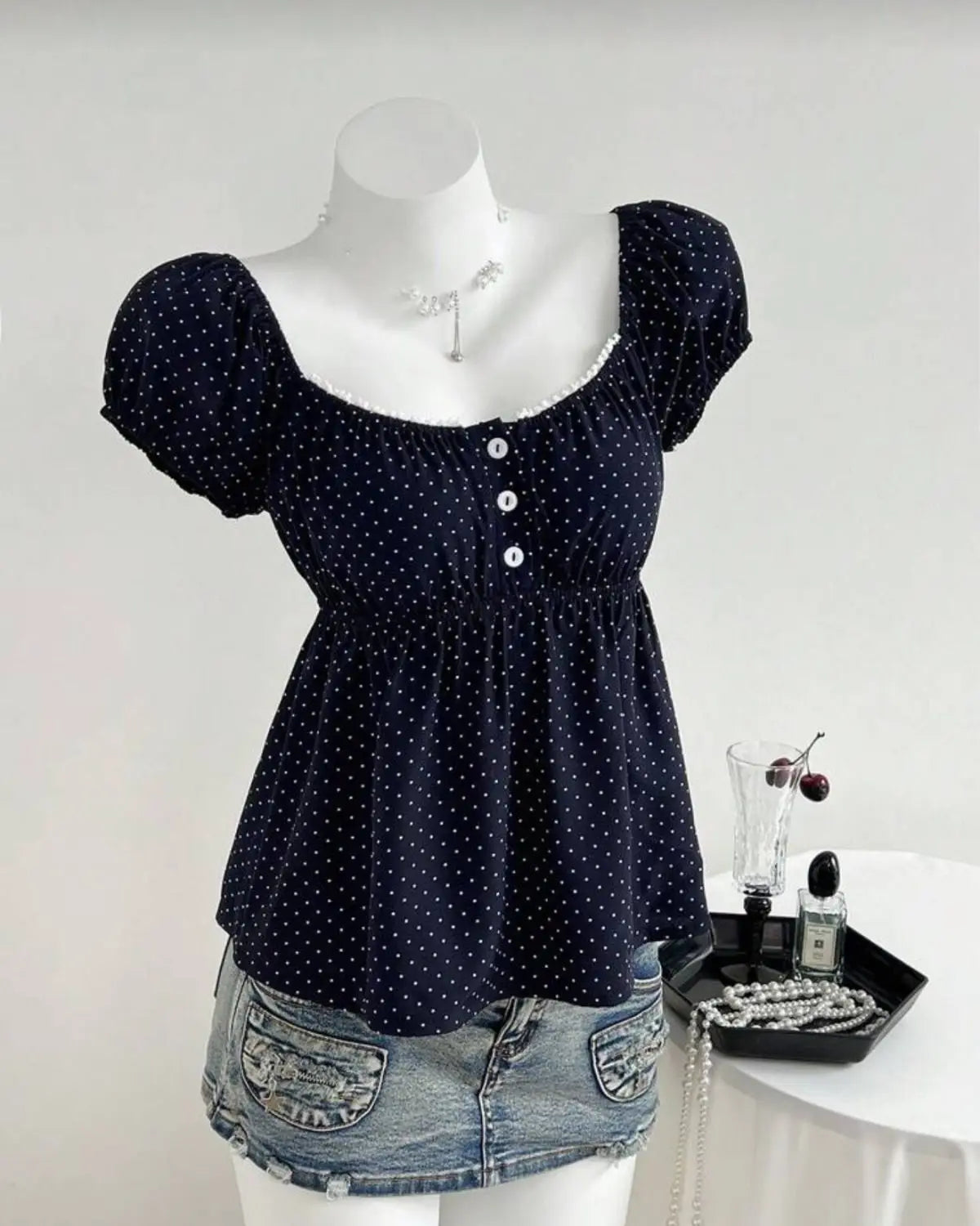Polka Dot Babydoll Top Women Summer Sweet Korean Puff Short Sleeve Chiffon Blouse Square Neck Summer Vintage Youthful T-shirt