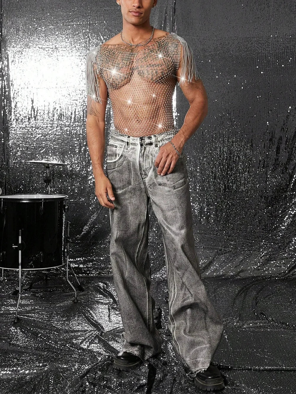 Tank Tops Shiny Rhinestone Fishnet Hollow Out Top Men Mesh See Through Tassel T-Shirt Man Party Clubwear Transparent Vest