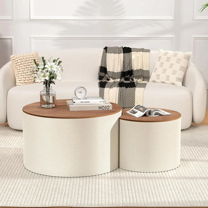 Round Nesting Coffee Table Set of 2 with Storage, 26.8" Farmhouse Handwoven PU Coffee Table, for Living Room, Customized