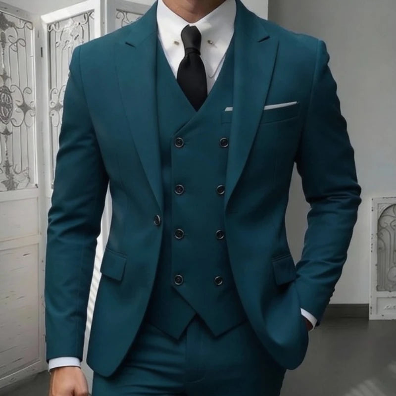Men's Classic 3-Piece Suit Set - Slim Fit Notched Lapel Blazer with Vest & Pants, Versatile Formal Outfit for Business & Events