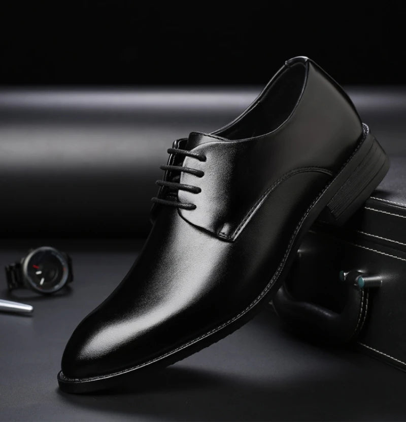 Mens Breathable Leather Dress Shoes Formal Business Footwear Pointed Toe Lace Up Flat Sole Groom Wedding Shoes Simple Leisure