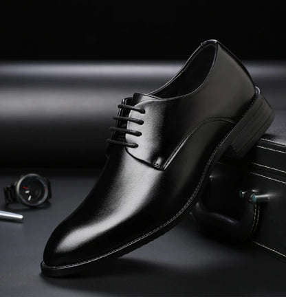 Mens Breathable Leather Dress Shoes Formal Business Footwear Pointed Toe Lace Up Flat Sole Groom Wedding Shoes Simple Leisure