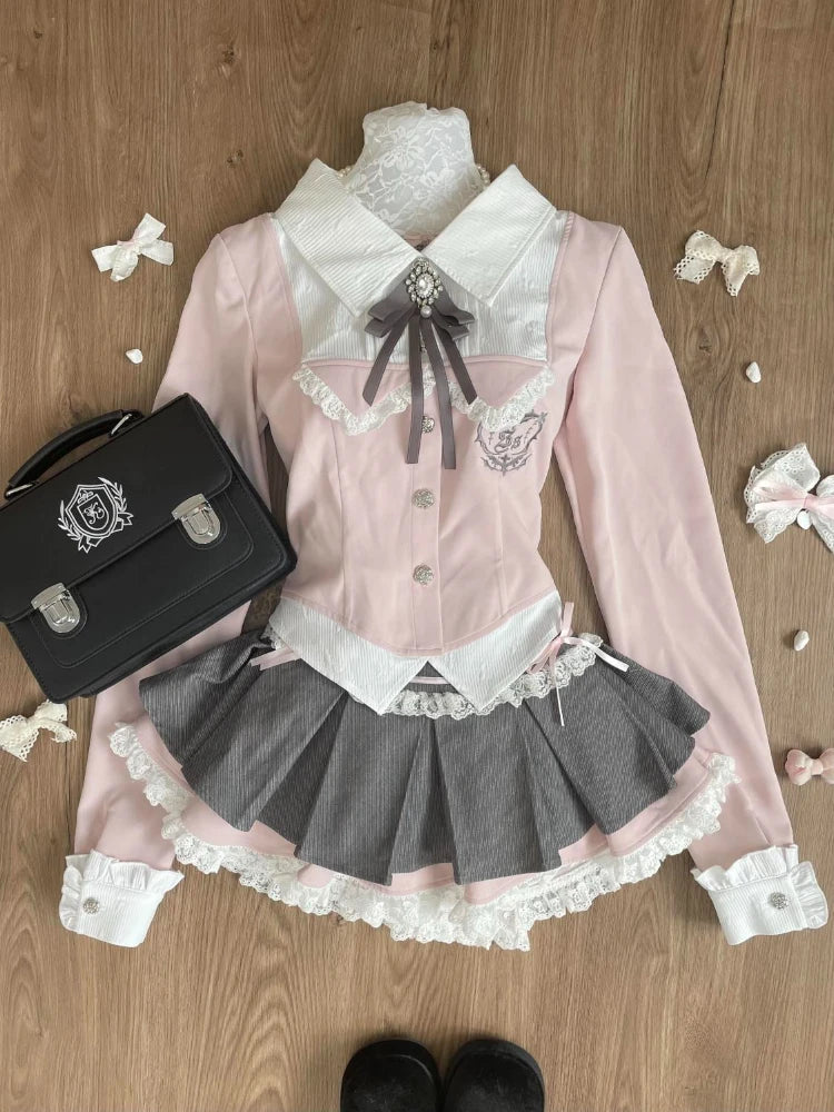 Summer Sweet Preppy Style 2 Piece Sets Women Y2k Kawaii Lolita Design Tops + High Waist Chic Skirt Female Princess Retro Outfits