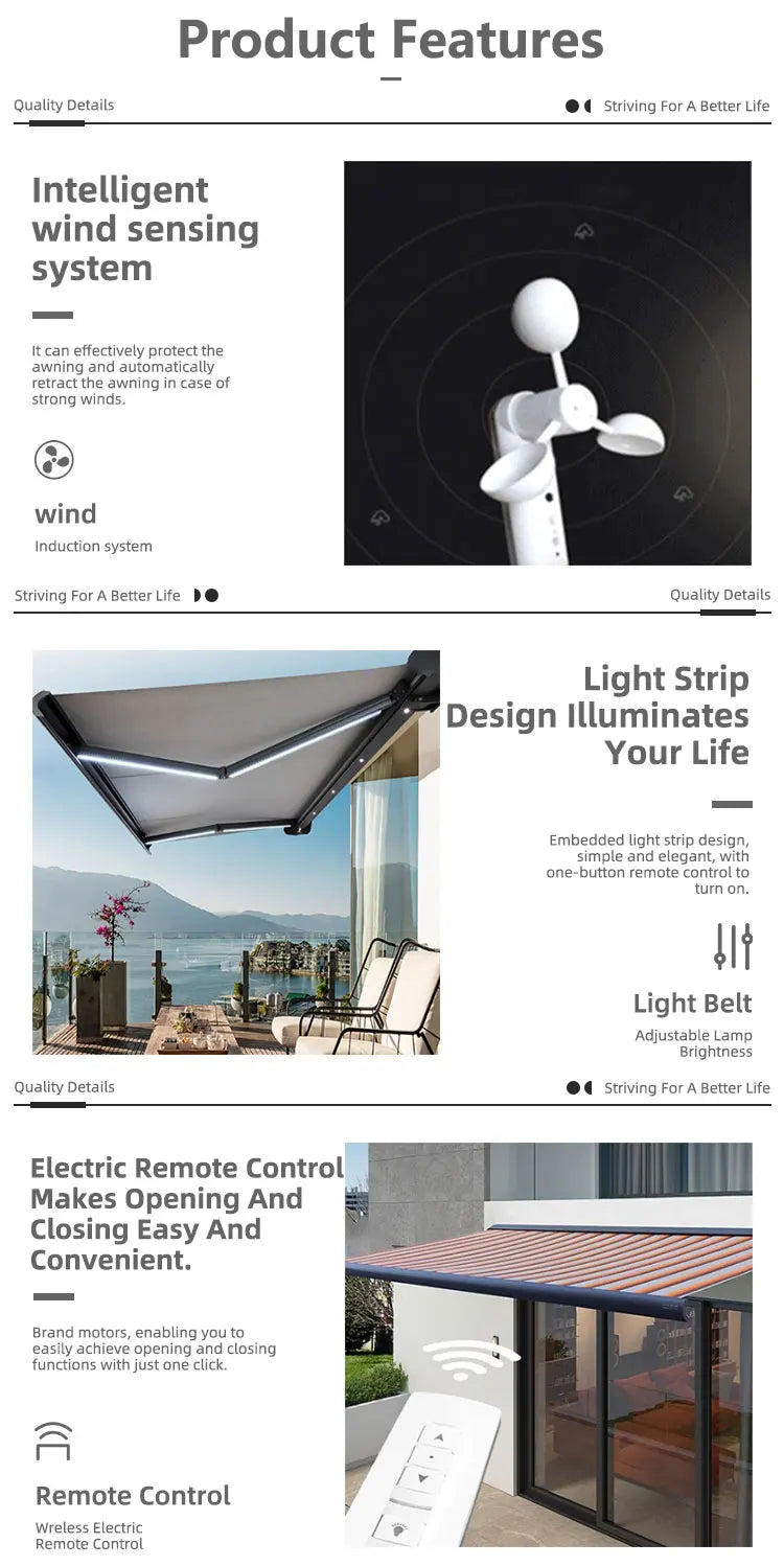 Electric waterproof full cassette aluminum alloy frame retractable awning articulated arm patio garden awning