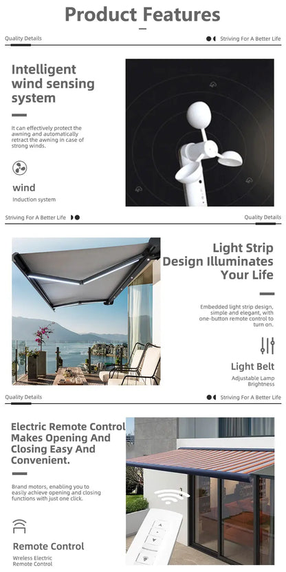 Electric waterproof full cassette aluminum alloy frame retractable awning articulated arm patio garden awning