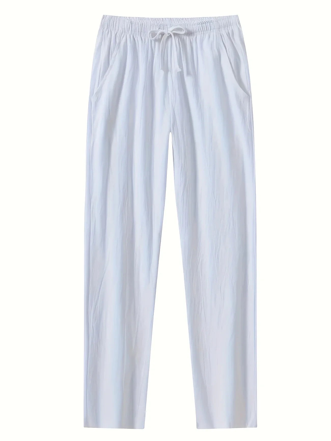 Summer Men's Casual White Linen Pants Elastic Waist Drawstring Loose Fit Beach Trousers