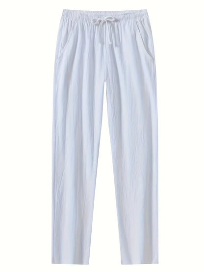 Summer Men's Casual White Linen Pants Elastic Waist Drawstring Loose Fit Beach Trousers