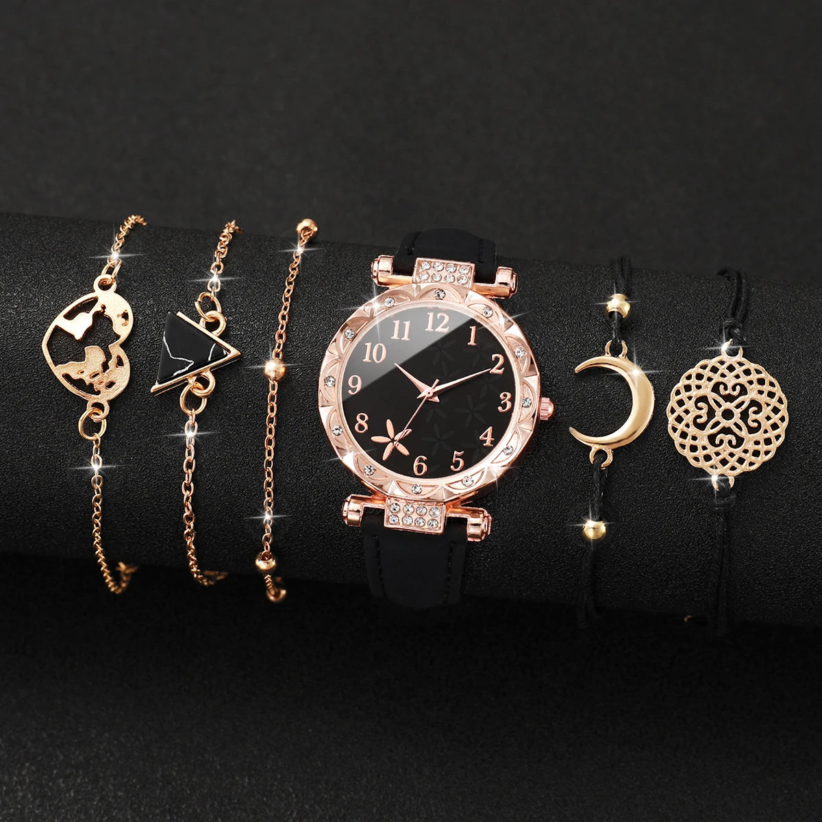 5/6PCS Fashion Rhinestone Women Watches Casual Leather Band Quartz Watch for Women Clock Jewelry Set Reloj Mujer（Without Box）