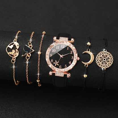 5/6PCS Fashion Rhinestone Women Watches Casual Leather Band Quartz Watch for Women Clock Jewelry Set Reloj Mujer（Without Box）