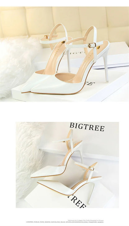 Women High Heels Sandals Metallic Gray Patent Leather Stripper Ankle Strap Wedding Nightclub Pointed Toe Party Valentine 86-1