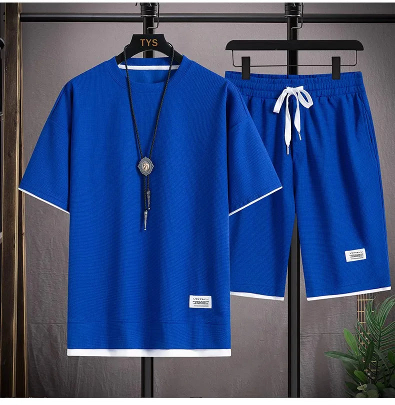 Waffle Men's Summer Short Sleeve And Shorts Two Piece Sets Sports Casual Tracksuit Men Comfortable Cool Shorts Oversized Set